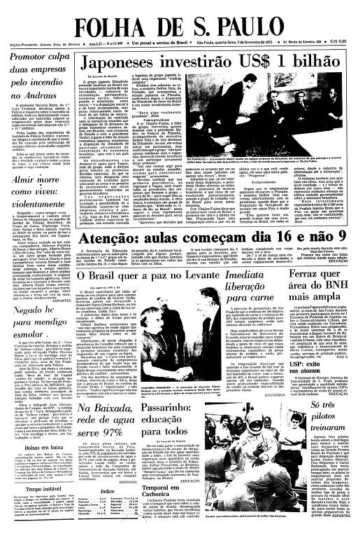Primeira Página da Folha de 7 de fevereiro de 1973
