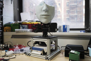 A robot prototype being developed by Yuhang Hu, a doctoral student in the Creative Machines Lab at Columbia University, where engineers are exploring the possibility of self-aware robots. (Karsten Moran/The New York Times)