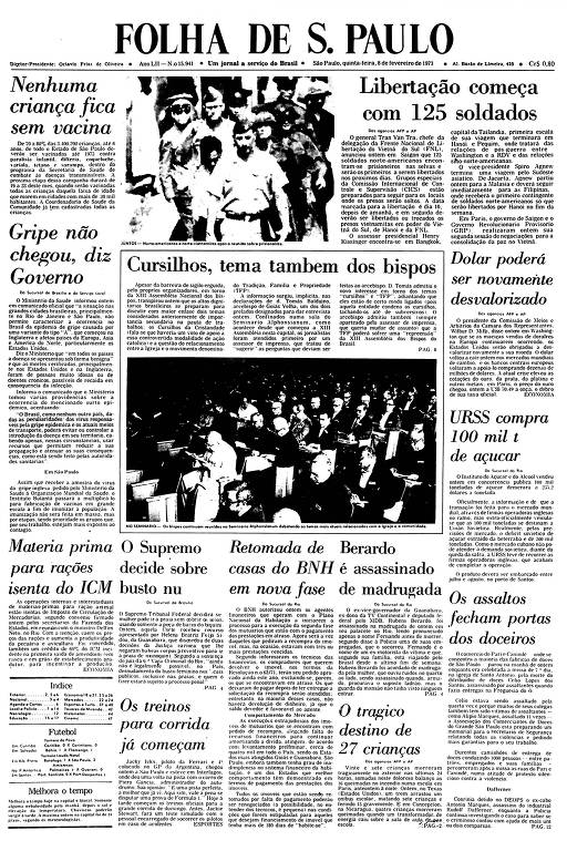 Primeira Página da Folha de 8 de fevereiro de 1973