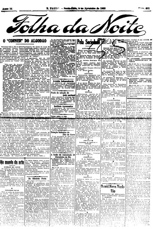 Primeira Página da Folha da Noite de 9 de fevereiro de 1923