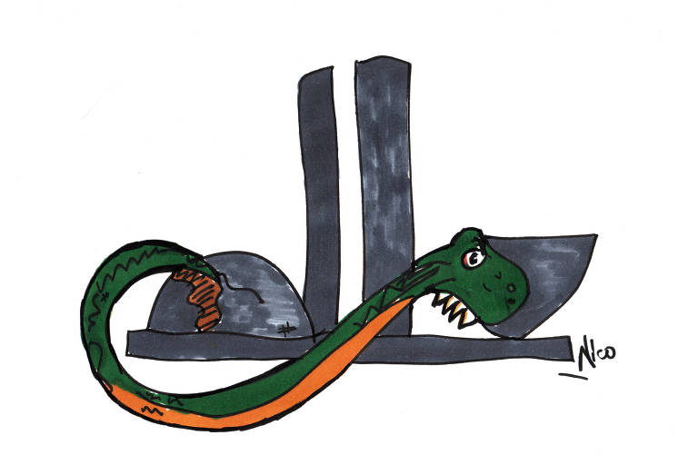Charge mostra Congresso Nacional com serpente figurativa na frente