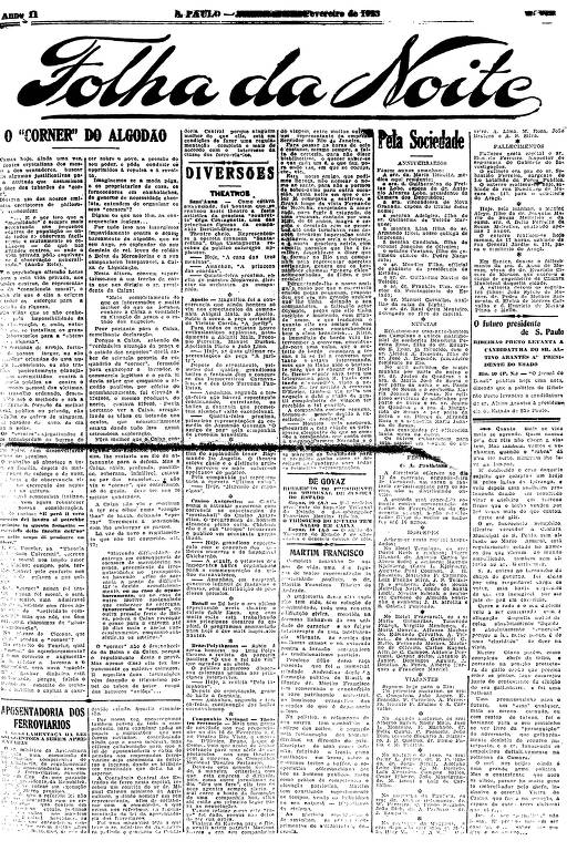 Primeira Página da Folha da Noite de 10 de fevereiro de 1923