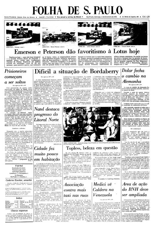 Primeira Página da Folha de 11 de janeiro de 1973