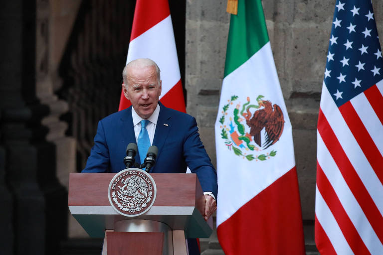 O presidente Joe Biden em pronunciamento na Cidade do México