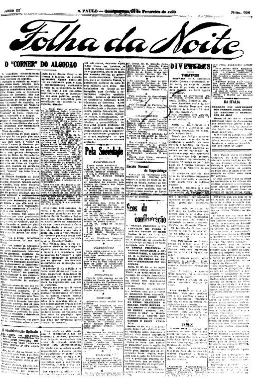 Primeira Página da Folha da Noite de 14 de janeiro de 1923
