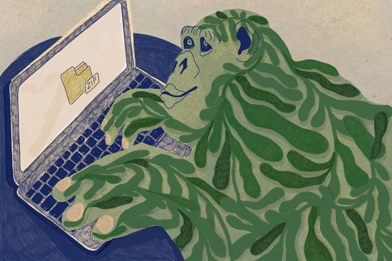 Arte ilustra um macaco feito de folhas verdes mexendo em um computador; na tela aparece um ícone de arquivo de zip