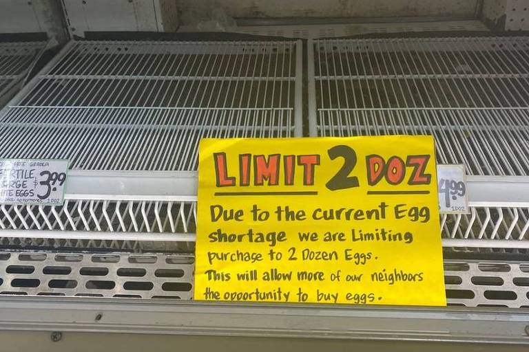 Prateleira de ovos vazia em supermercado em Los Angeles, com aviso aos clientes de limite de compra de duas caixas por pessoa
