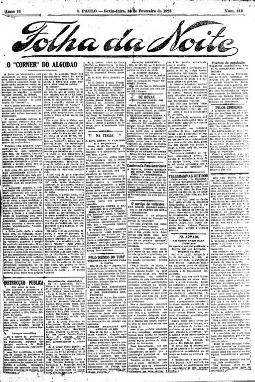 Primeira Página da Folha da Noite de 16 de fevereiro de 1923