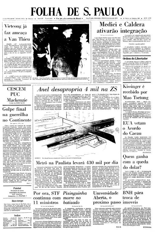 Primeira Página da Folha de 18 de fevereiro de 1973