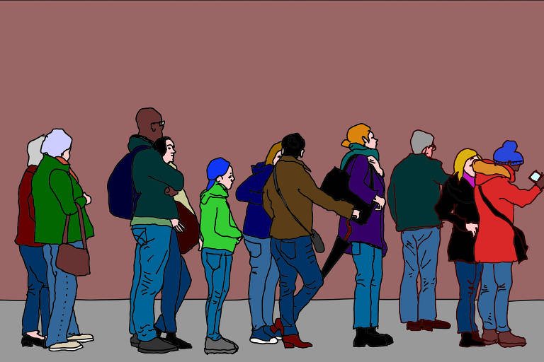 Ilustração de Annette Schwartsman mostra uma fila de 11 pessoas de diferentes sexos, idades e cores, todas usando calças jeans