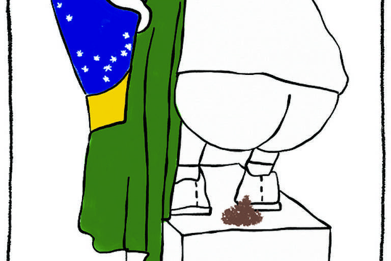 No desenho de Luiza Pannunzio uma pessoa usando chapéu, meias e tênis, embalada na bandeira do Brasil está em cima de um cubo branco retangular, agachada, defecando. Acima dela está escrita a frase: cidadão de bem fazendo merda.