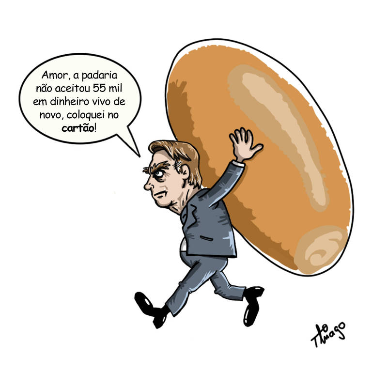 O ex-presidente Bolsonaro segura um gigante pão francês e diz "Amor, a padaria não aceitou 55 mil em dinheiro vivo de novo, coloquei no cartão!"