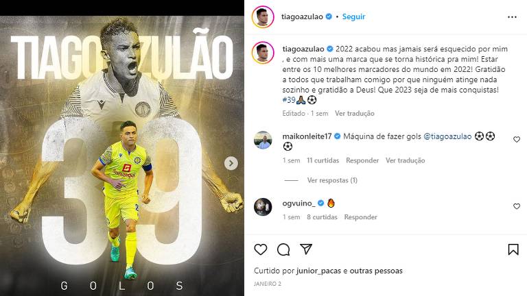 Tiago Azulão publica post no Instagram, com uma foto dele comemorando um gol, no qual cita os 39 gols que marcou no ano de 2022