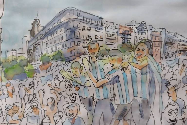 Ilustração mostra torcedores argentinos festejando em Buenos Aires a conquista da Copa-22