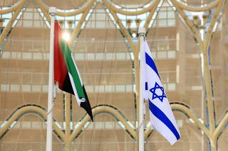 FILE PHOTO: Flags of United Arab Emirates and Israel flutter during Israel's National Day ceremony at Expo 2020 Dubai, in Dubai