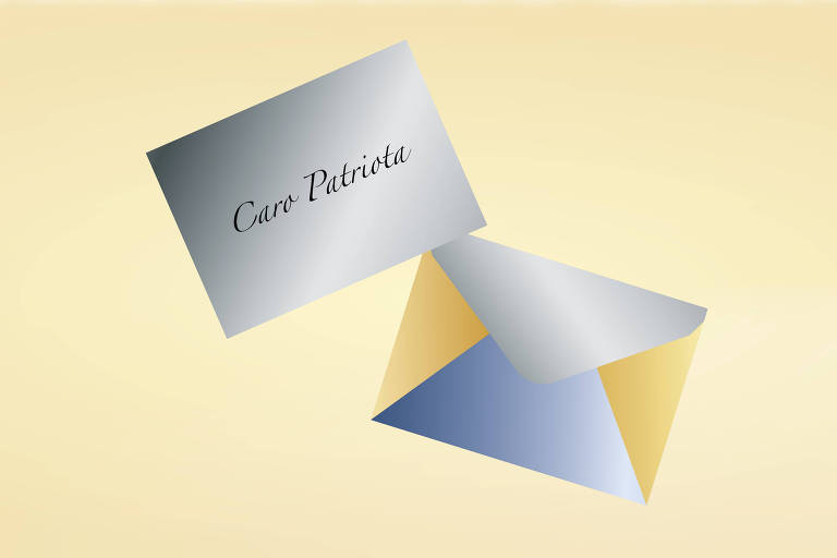 Ilustração mostra um envelope e um cartão no qual se lê: 'Caro Patriota'