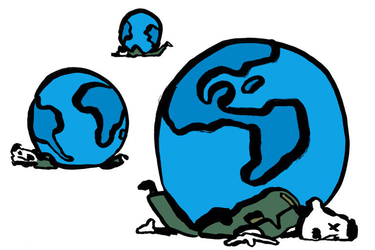 Desenho mostrando três figuras semelhantes a Hitler caídas no chão, cada uma esmagada por um globo terrestre.