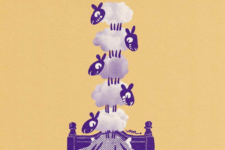 Na ilustração de Marcelo Martinez: uma pessoa tenta dormir, mas sobre sua cabeça há uma pilha de ovelhas, uma sobre a outra.