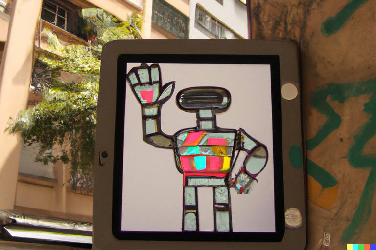 A Folha pediu para o Dall-e, site da OpenAI que produz imagens, para fazer um desenho de um robô no centro de São Paulo, inspirado no grafite brasileiro