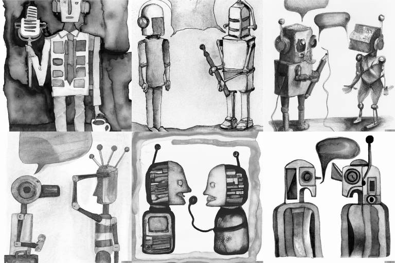 Montagem tem seis ilustrações coloridas de robôs entrevistando uns aos outros