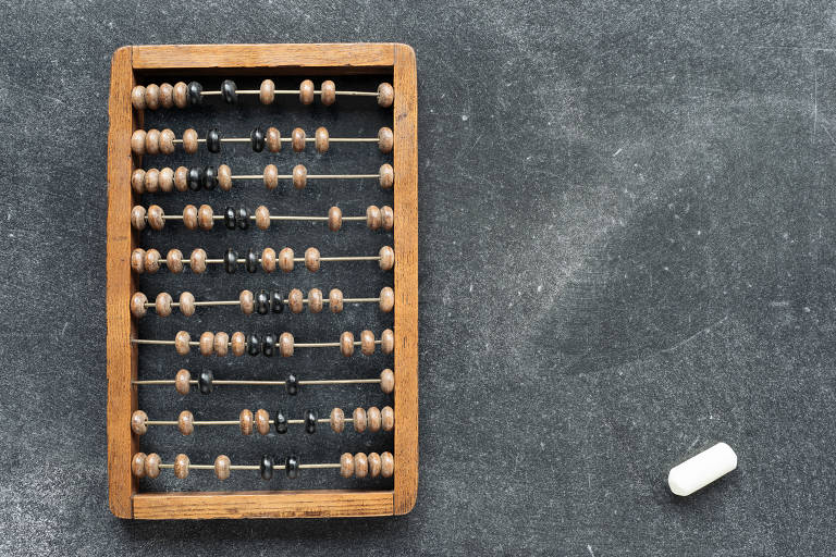 vintage wooden abacus with chalk piece on the blackboard.