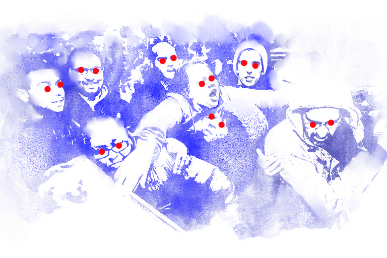 A ilustração de Adams Carvalho, publicada na Folha de São Paulo no dia 22 de Janeiro de 2023, mostra o desenho de um grupo de pessoas amontoadas. Em seus olhos brilham círculos vermelhos.