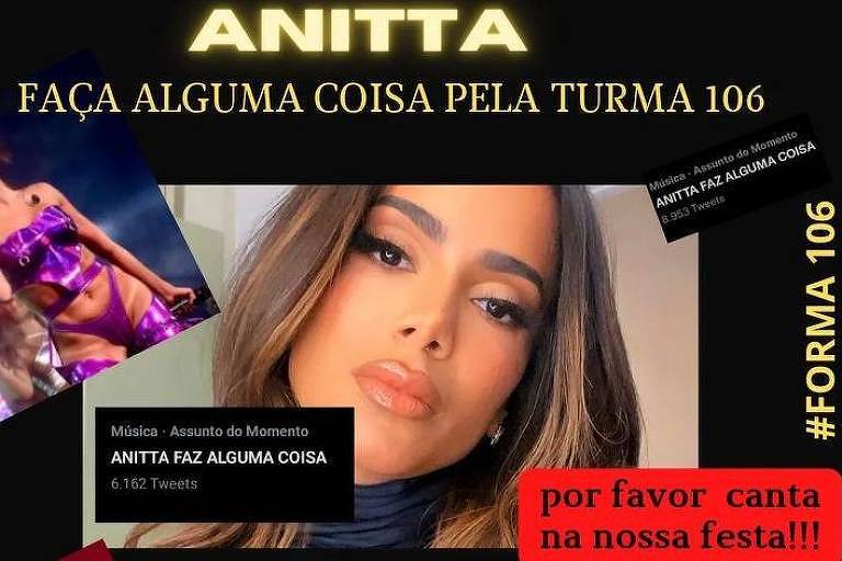 Fotos antigas de Anitta com mensagens de pedido de ajuda de alunos da USP, que levaram golpe para a festa de formatura