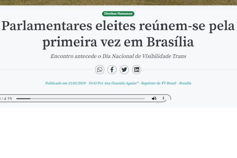 Captura de tela de uma reportagem intitulada "Parlamentares eleites reúnem-se pela primeira vez em Brasília"