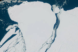 An aerial view of an iceberg, almost the size of Greater London, that has broken off the 150m thick Brunt Ice Shelf, is pictured