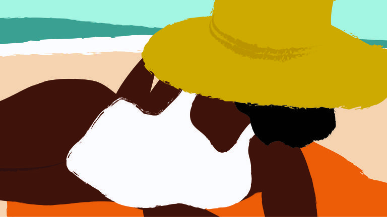 Na ilustração, uma mulher está deitada na praia, sobre uma canga laranja, apoiada sobre seu braço esquerdo. Ela é negra, tem cabelos pretos, usa um maiô branco, e um chapéu de palha.