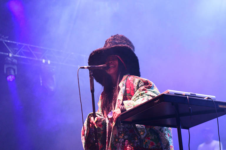    A imagem mostra uma artista em uma apresentação ao vivo, usando um chapéu grande e uma roupa colorida. A artista está em frente a um microfone, com um teclado à sua frente, e há uma iluminação de fundo em tons de azul e roxo, criando um ambiente de show.
