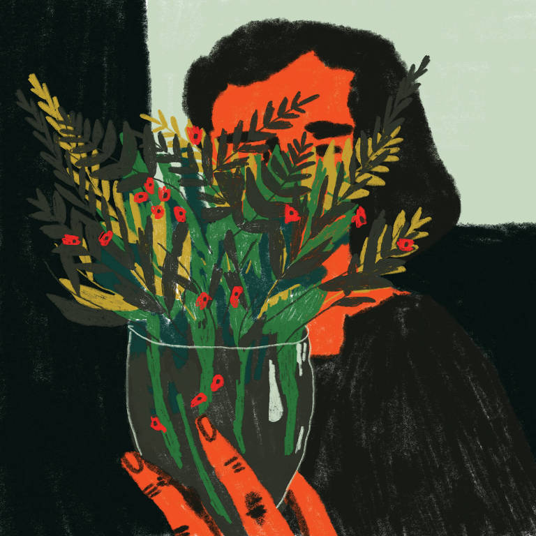 ilustração de mulher com vaso de plantas que cobre seu rosto