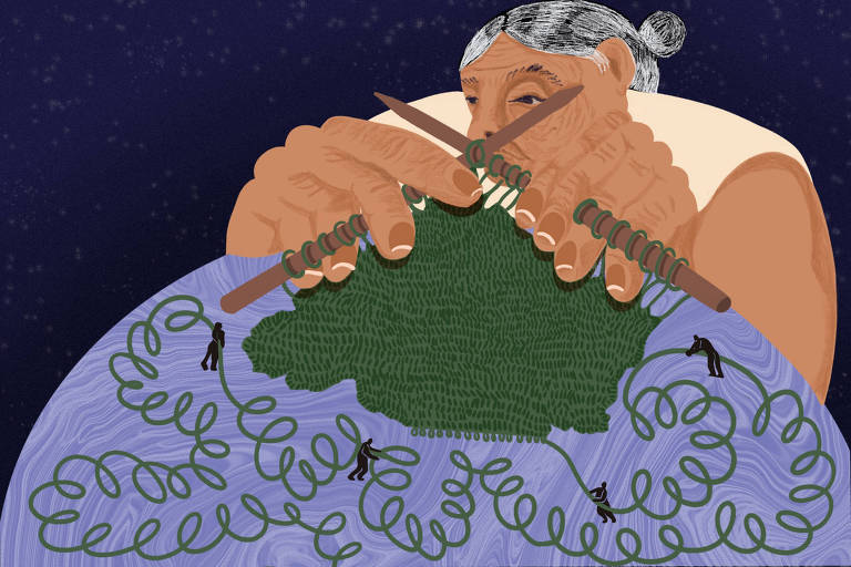 Arte ilustra uma senhora idosa fazendo tricô sobre o que seria a Amazônia em um globo terrestre