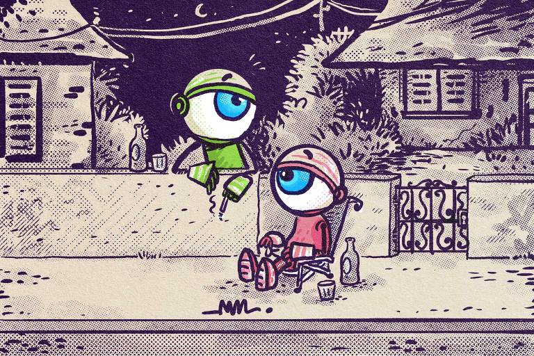 Na ilustração de Marcelo Martinez: dois robôs-mascotes do BBB como típicos moradores de subúrbio. Eles tomam cerveja, jogam conversa fora e aproveitam o ar da noite em frente às suas casas.