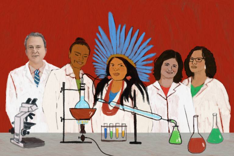 Arte ilustra os ministros Camilo Santana, Marina Silva, Sonia Guajajara, Nísia Trindade e Luciana Santos vestidos de jaleco em um ambiente de laboratório, com frascos, pipetas e microscópio.