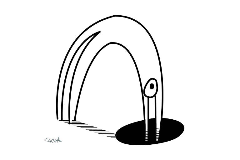 Ilustralão de um homem, estilizado em traço preto, pulando para dentro de um buraco redondo