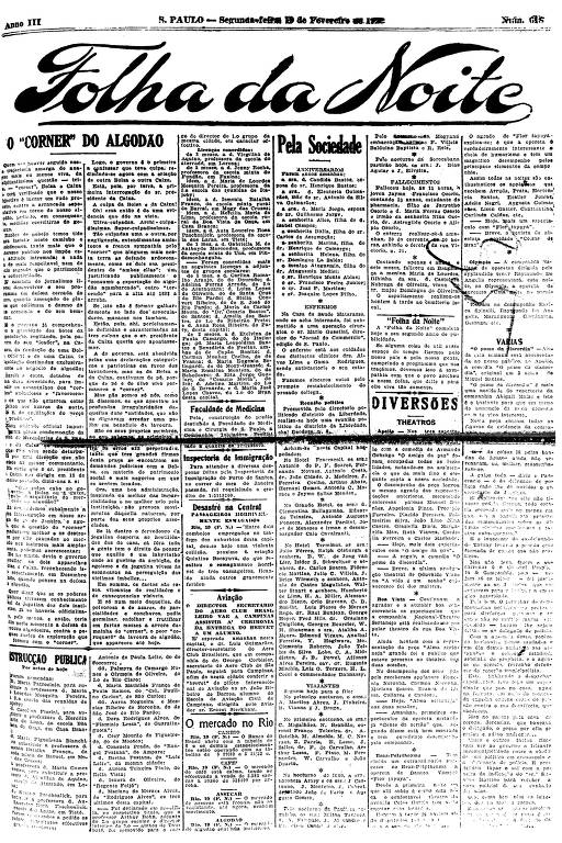 Primeira Página da Folha da Noite de 19 de fevereiro de 1923