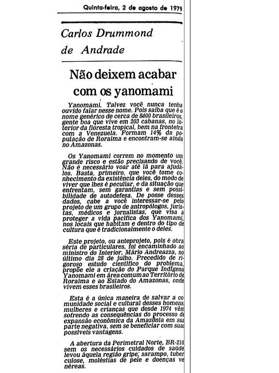 Coluna de Carlos Drummond de Andrade sobre yanomamis publicada na Ilustrada em 2 de agosto de 1979