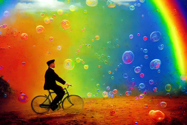 Silhueta de homem andando de bicicleta com fundo multicor e bolhas