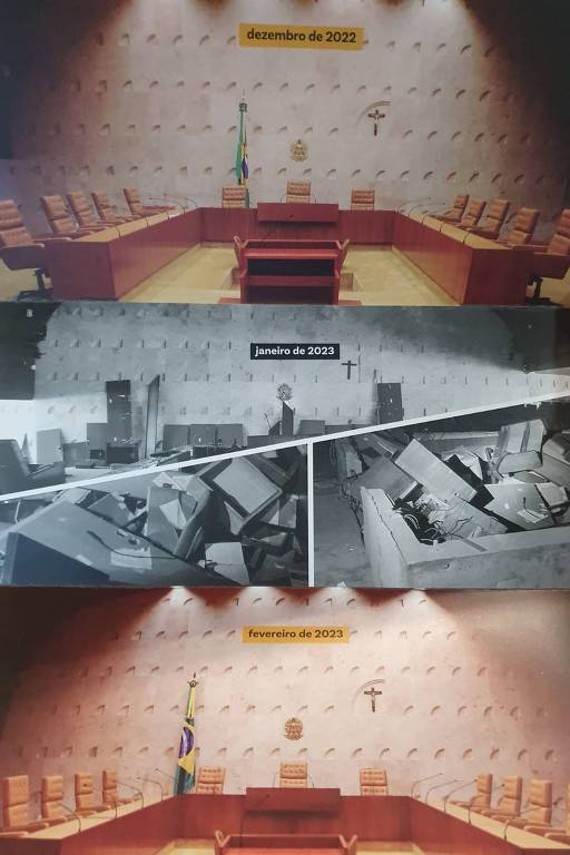 Folhetos com imagens do plenário destruído e restaurado foram colocados sobre os assentos