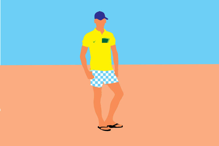 Sobre um fundo de praia bicolor, azul e laranja claro há um homem cor laranja vestindo uma camisa verde e amarela do Brasil e bermuda quadriculado azul, chinelo preto e com notas de dinheiro saindo do bolso da camisa.
