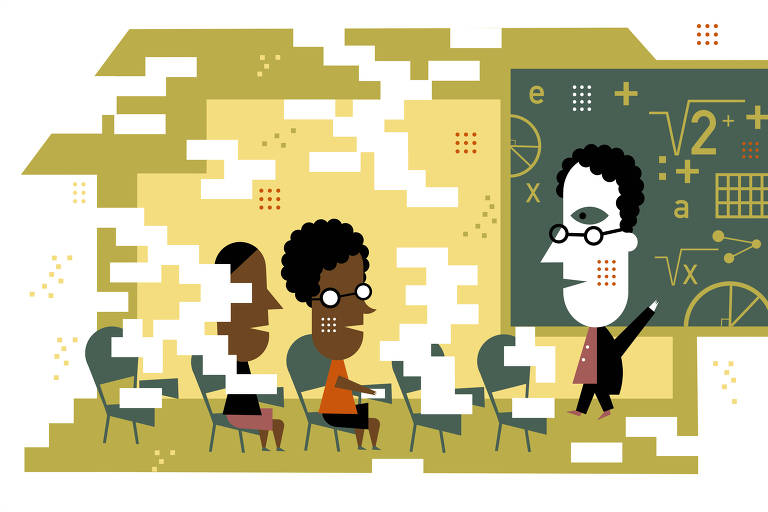 Três pessoas estilizadas em uma sala de aula, duas delas sentadas nas carteiras e, à direita, uma de pé apontando para um quadro-negro com fórmulas matemáticas e formas geométricas.