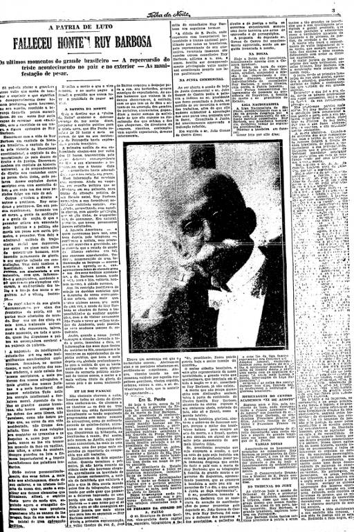 Página da Folha da Noite de 2 de março de 1923 informa a morte de Ruy Barbosa