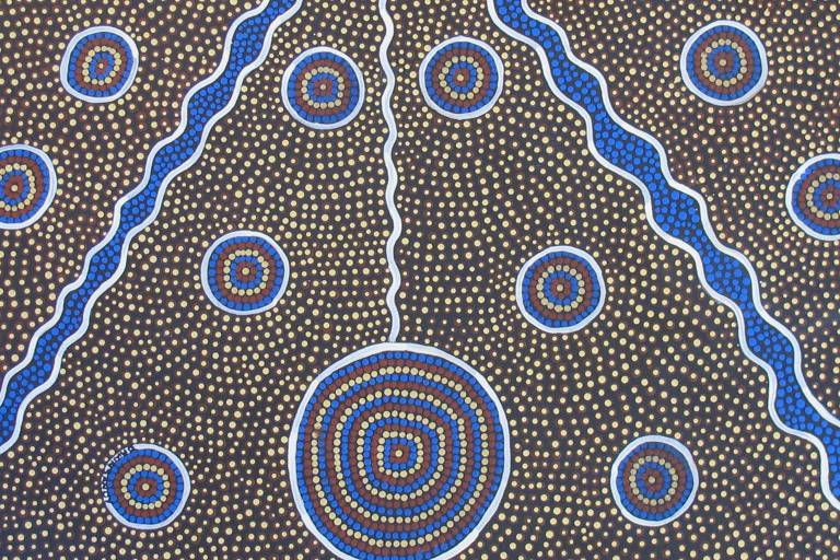 Quadro formando círculos e fixaas onduladas com milhares de pontos em azul, preto e branco
