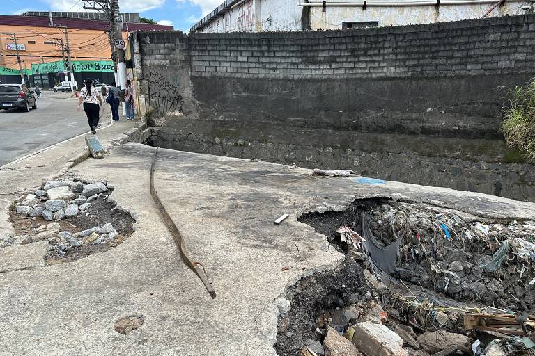 Ponte sobre o rio Verde, na zona leste de São Paulo, com buraco no concreto em muro de contenção; conservação das vias é maior reclamação na região