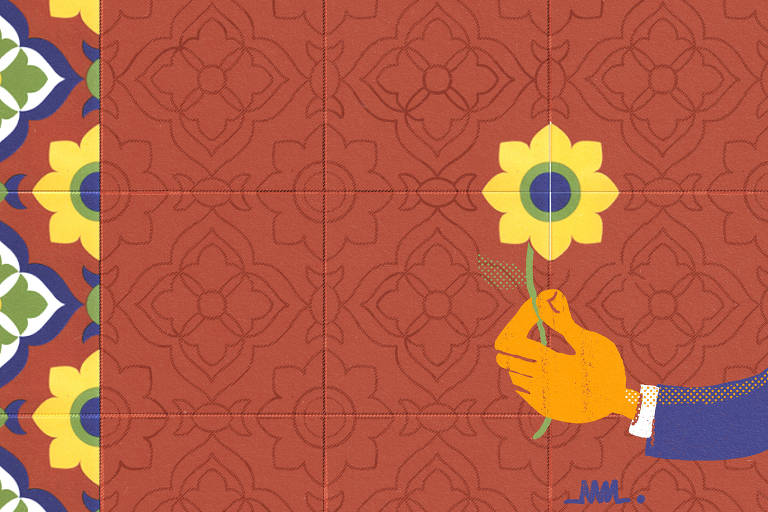 Na ilustração de Marcelo Martinez: mão segurando uma flor, cujo desenho é formado pela estampa de um azulejo decorativo