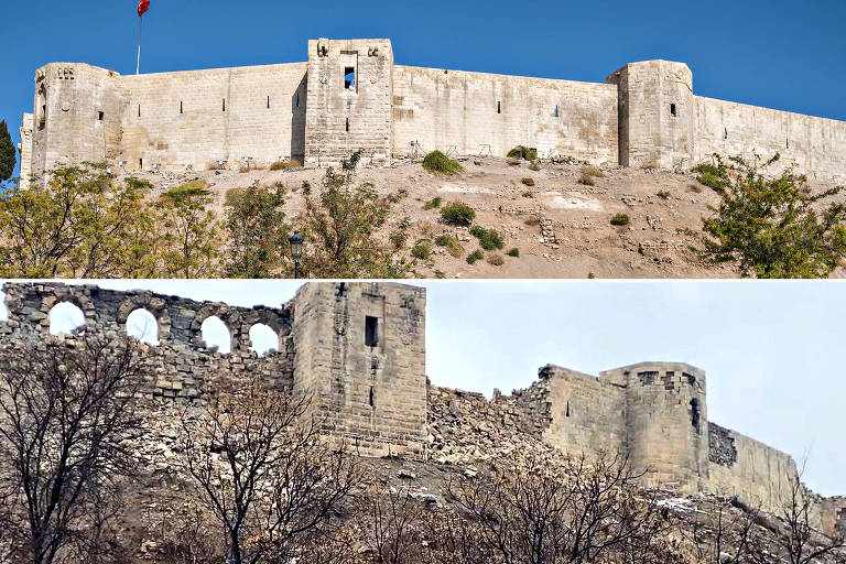 Abaixo, danos no castelo de Gaziantep após terremoto que atingiu a Turquia; acima, a construção antes do sismo