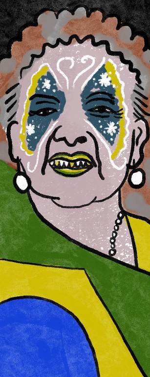 Desenho de uma senhora da melhor idade bolsonarista com rosto pintado de borboleta atrás da bandeira do Brasil