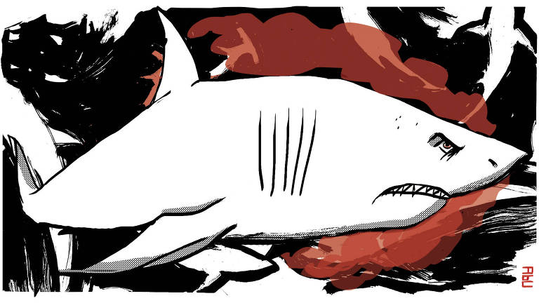 Ilustração de um cardume de tubarões tendo em primeiro plano um grande tubarão com fisionomia semelhante à do ex-presidente golpista do Brasil que exala manchas de sangue enquanto nada.