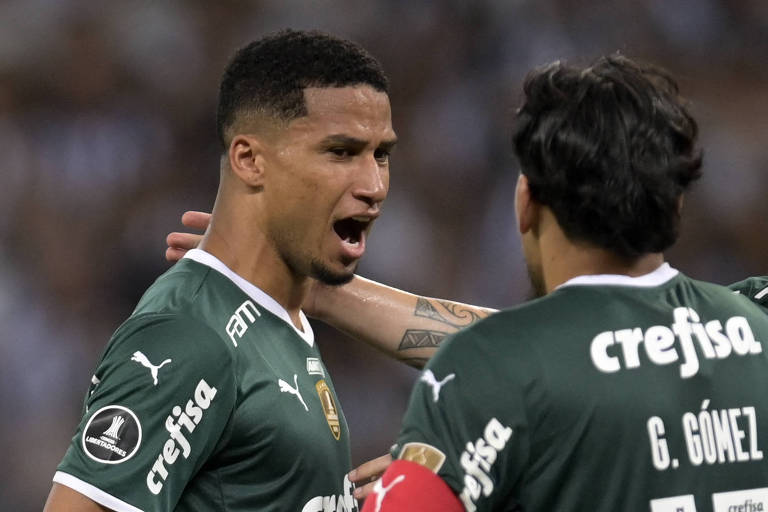 Murilo comemora, gritando, com Gustavo Gómez, que usa a camisa de número 15 e tarja vermelha de capitão do time, gol do Palmeiras contra o Atlético-MG em jogo da Libertadores no Mineirão